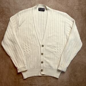 Vintage 80s Reed St. James Cream Rib Knit Cardigan Sweater Button Up Grandpa
